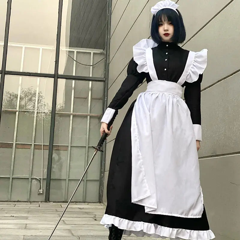 STSVZORR COSplay costume black and white maid clothes British style pearl line long coffee shop maid COS uniform