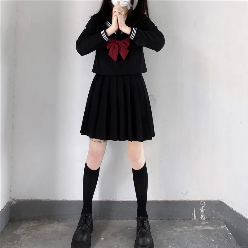 Japanese School Uniform Girls Plus Size Jk Suit Red Tie Black Three Basic Sailor Uniform Women Long Sleeve Suit