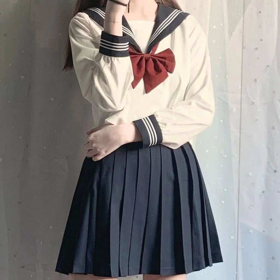 Japanese School Uniform Girl Jk Suit Sexy Spring and Autumn Red Tie White Three Basic Sailor Uniform Women Long Sleeve Suit